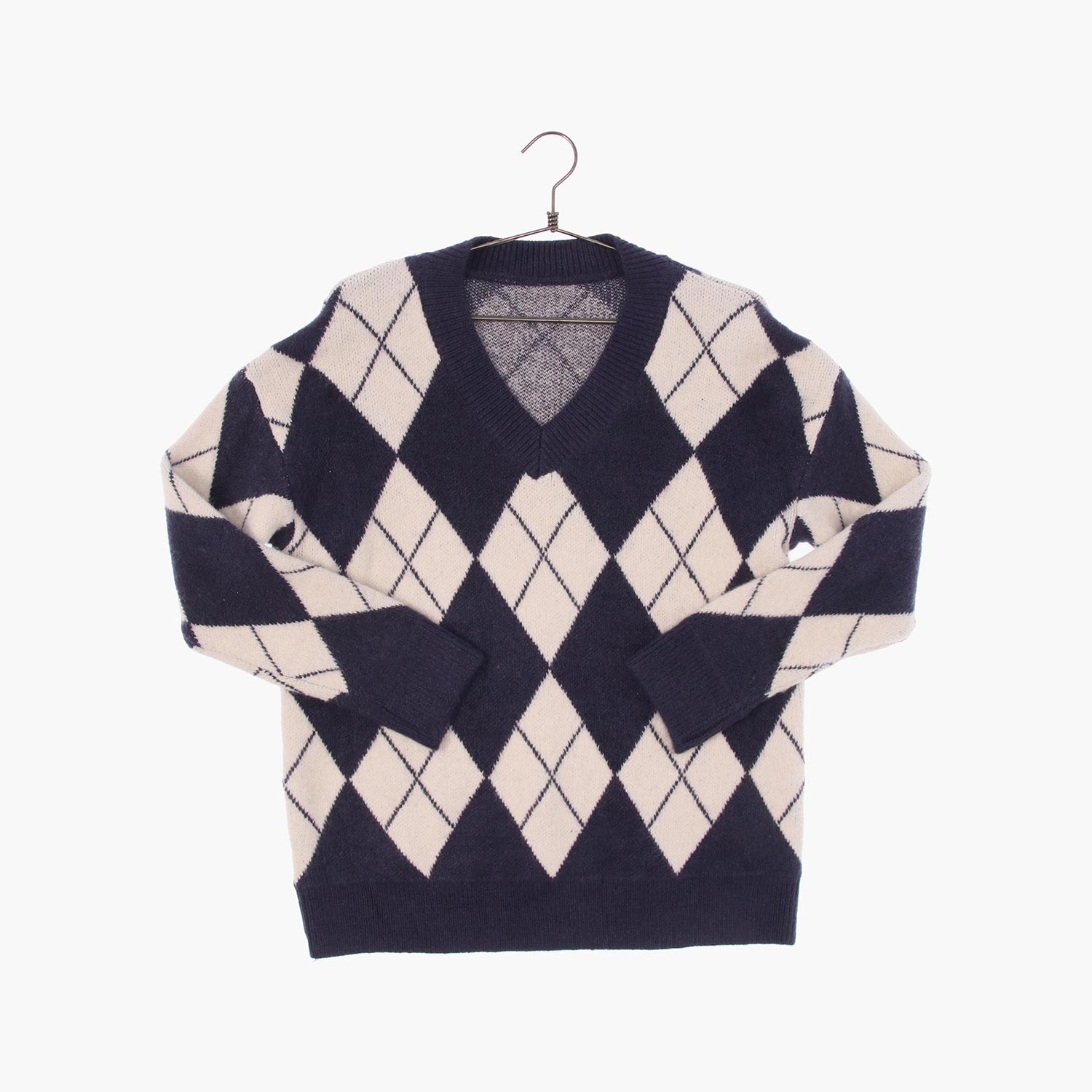 울 브이넥 패턴 니트/스웨터 공용 M 빈티지팜